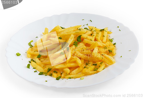 Image of plate dill potatoes tasty fries isolated on white background