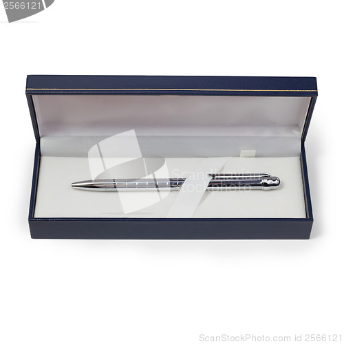 Image of silver ballpoint pen in gift box isolated on white background