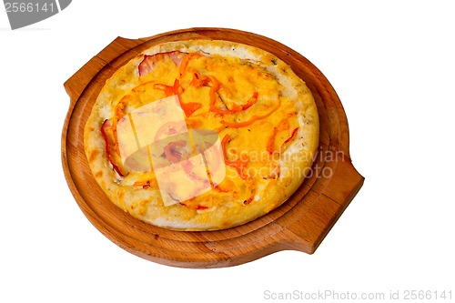 Image of Appetizing pizza cheese wooden tray isolated on white