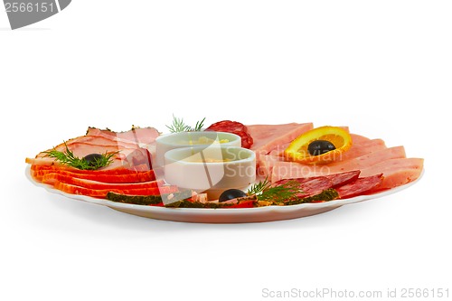 Image of sausage food sliced ham mustard isolated plate on white backgrou