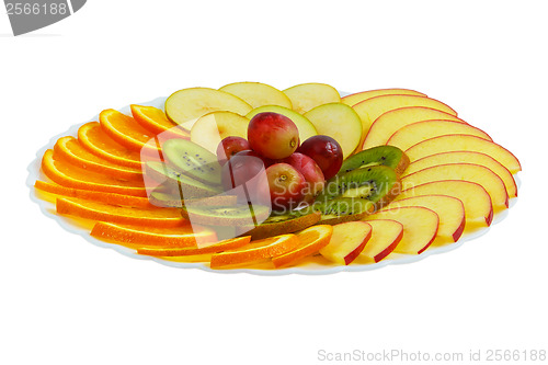 Image of plate apple kiwi food grapes sliced isolated on white background