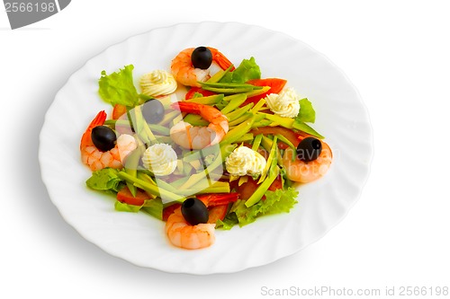 Image of Fresh Shrimp salad with olives and cream on a white background