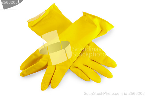 Image of yellow rubber gloves for washing dishes on a white background