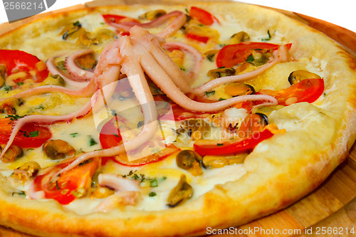 Image of pizza Appetizing with octopus seafood on a wooden tray isolated 