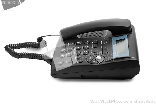 Image of call modern black phone  with cord isolated on white background