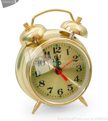 Image of alarm clock yellow gold isolated on white background