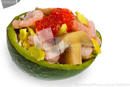 Image of mushrooms and shrimp avocado delicacy isolated on white backgrou