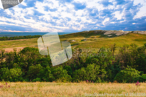 Image of landscape mountain sky green forest nature hill