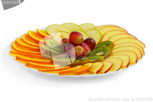 Image of plate apple kiwi food grapes sliced isolated on white background