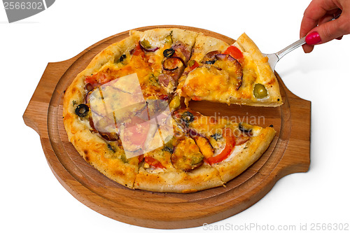 Image of pizza tasty mushrooms cheese on wooden tray close up white backg