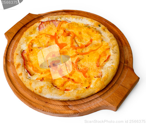 Image of cheese appetizing pizza wooden tray isolated on white backgro