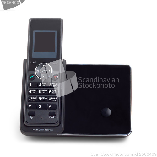 Image of black wireless cordless phone isolated on white background