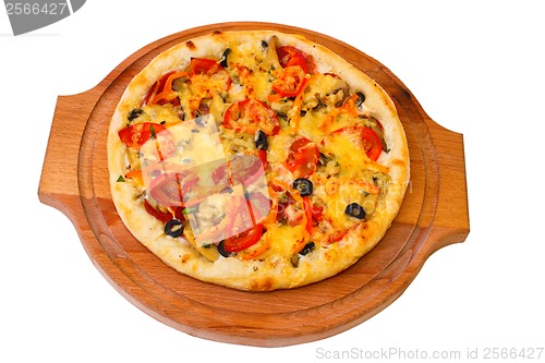 Image of Appetizing pizza with cheese on wooden tray close up