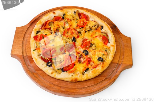 Image of Appetizing pizza with cheese wooden tray close up on white ba