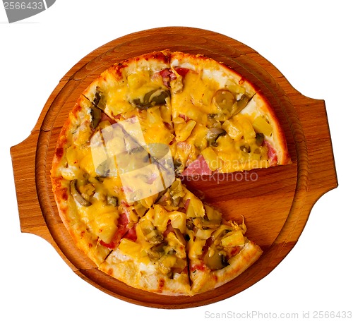 Image of appetizing pizza cheese on wooden tray isolated white backgro