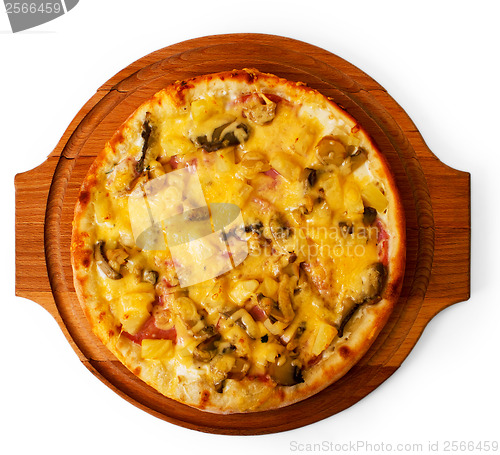 Image of appetizing mushrooms pizza cheese wooden tray isolated on whi