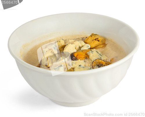 Image of soup and cheese mushrooms isolated on white background