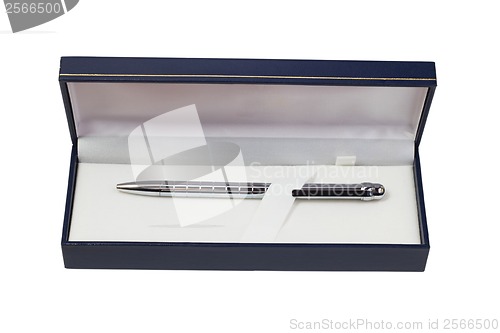 Image of silver ballpoint pen gift box isolated white background clipping