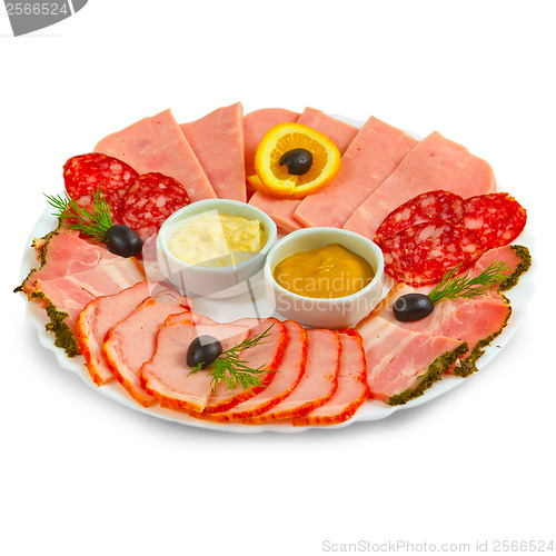 Image of sliced smoked ham sausage appetizer with mustard, horseradish an
