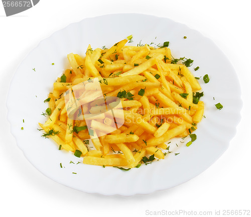 Image of potatoes fries plate dill isolated on white background