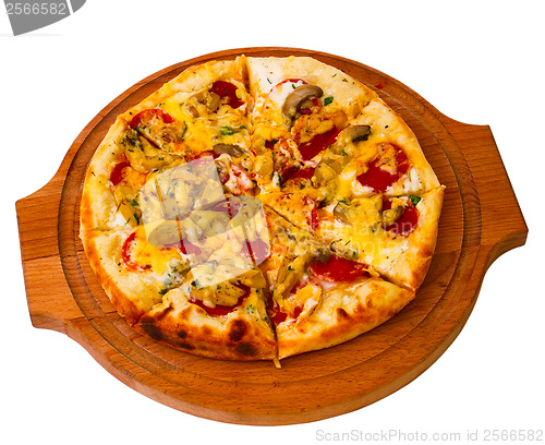 Image of tasty mushrooms pizza with cheese on wooden tray close up white 