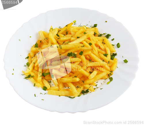 Image of potatoes fries plate dill isolated on white background clipping 