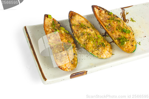 Image of mussels and fried food isolated a on white background