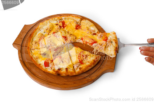 Image of wooden tray appetizing pizza cheese isolated on white background