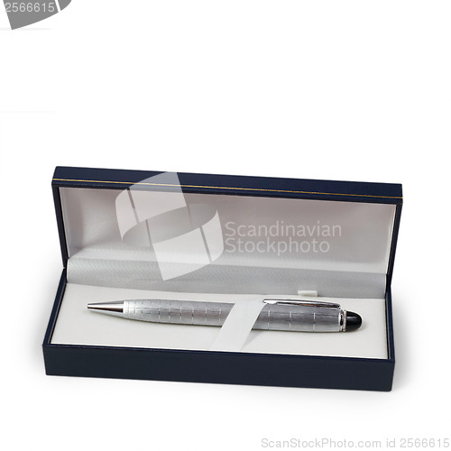 Image of ballpoint silver pen in a gift box