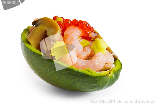 Image of mushrooms and shrimp avocado delicacy isolated on white backgrou