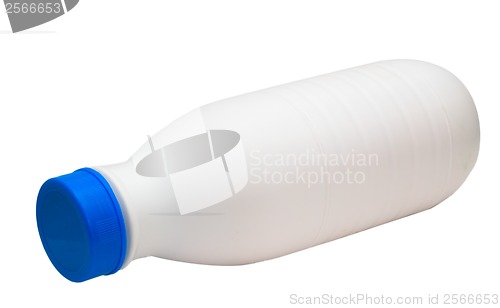 Image of bread baplastic milk bottle lies side isolated on white (clippin