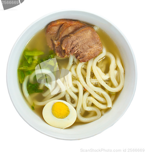 Image of soup beef pasta egg isolated on white background clipping path