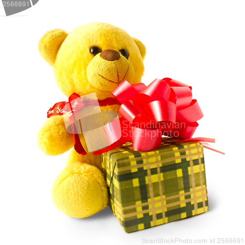 Image of yellow teddy bear with gift isolated