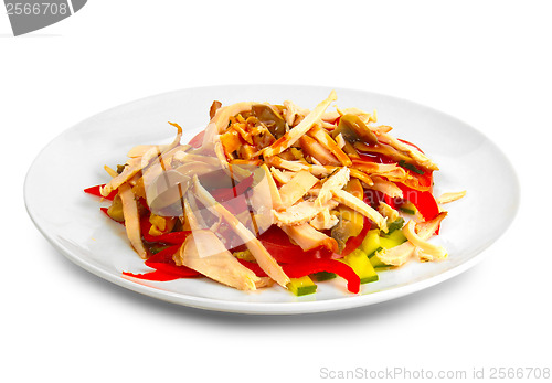 Image of salad appetizer sliced ham meat mushrooms tomatoes cucumbers on 