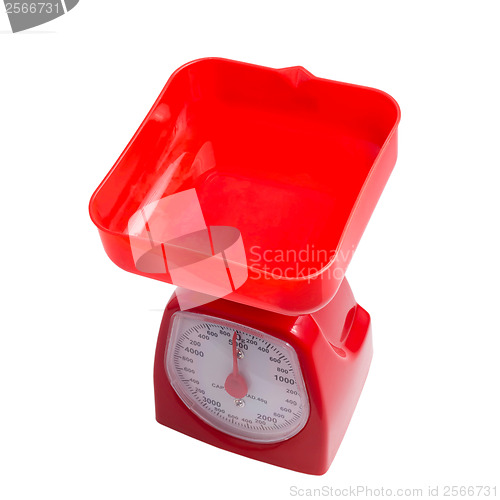 Image of scale weight balance measuring kitchen red isolated on white bac
