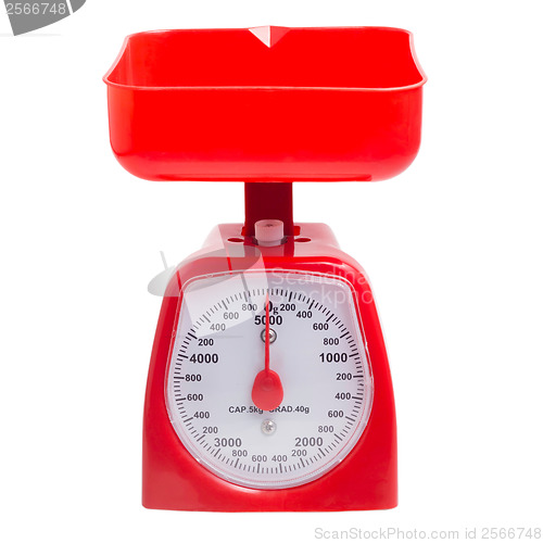 Image of scale weight balance measuring kitchen red isolated on white bac