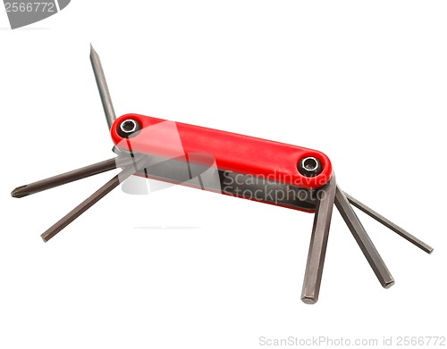 Image of folding red screwdriver set of tools on white background