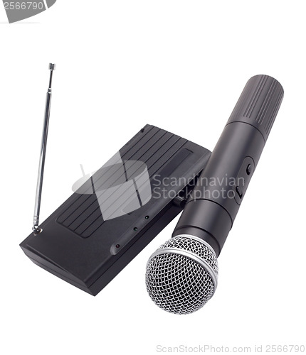 Image of wireless radio microphone with receiver station antenna isolated