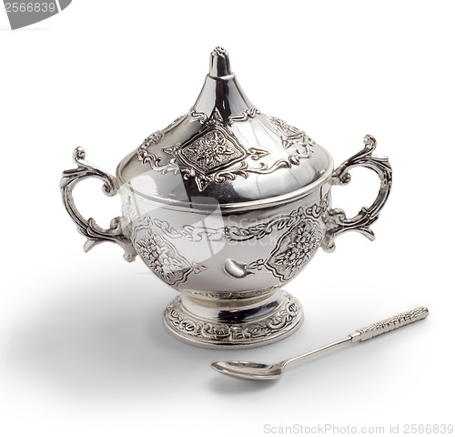 Image of old cup sugar vintage bowl with dollop of medieval isolated on w