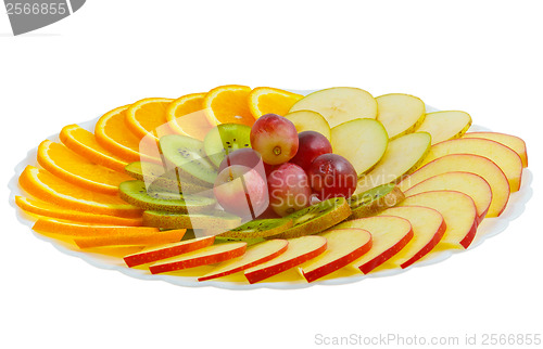 Image of plate apple kiwi grapes sliced isolated on white background clip