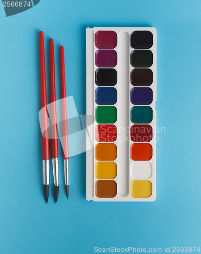 Image of brushes for watercolors and watercolor paints for children on a