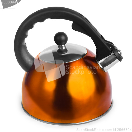 Image of orange iron yellow kettle kitchen isolated on  white background