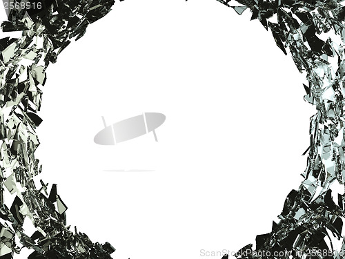 Image of Big bullet hole and shattered glass on white