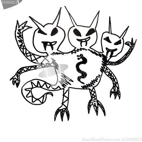 Image of monster three heads evil hero hand drawing isolated