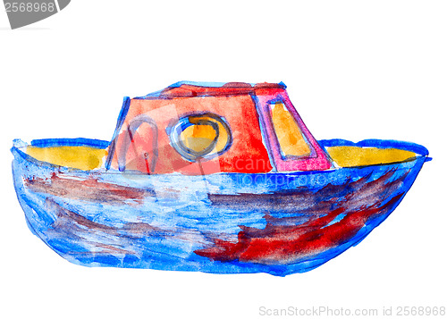 Image of boat ship yacht watercolor drawing red blue isolated on white ba