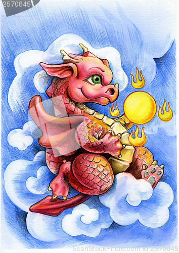 Image of chinese dragon pattern on a blue background in the clouds with t