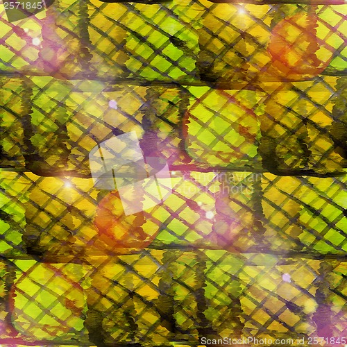 Image of sun glare grunge texture, watercolor seamless green yellow band