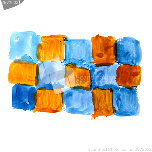 Image of watercolor blue brown mosaic square square blot hand isolated st