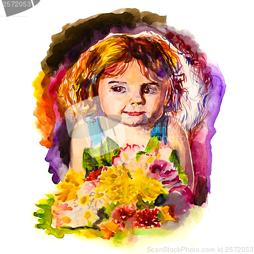 Image of watercolor painting baby girl holding flowers isolated
