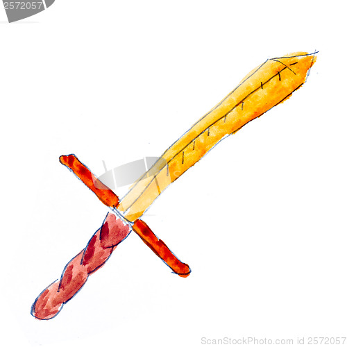 Image of sword weapon yellow watercolor illustration isolated on white ba